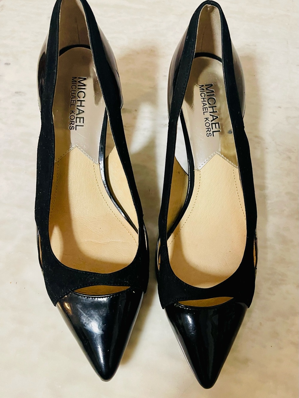Michael Kors Black Pointed-Toe Cutout Pumps with Patent Toe